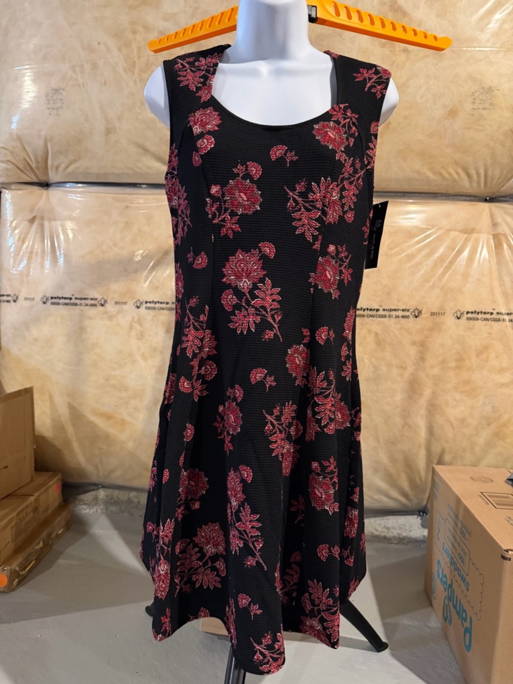Black Floral Sleeveless A-Line Dress with Pink Rose Print